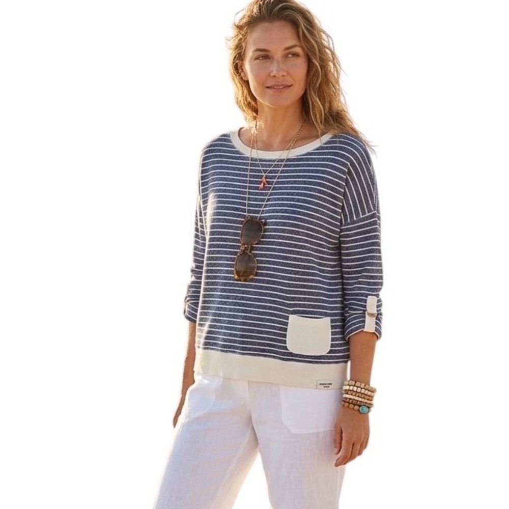 Jones New York Petite Blue White‎ Striped Cotton Coastal Sweatshirt PXL D-Ring